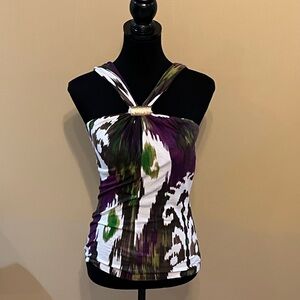 Cache vintage purple gold green halter top XS